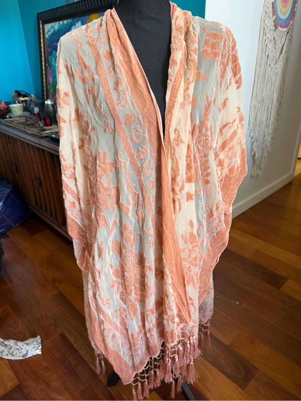 Free People Peach and Cream Floral Fringe Kimono Cape